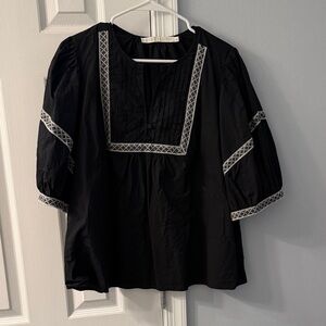 Marie Oliver Black Peasant Blouse with White Embroidery